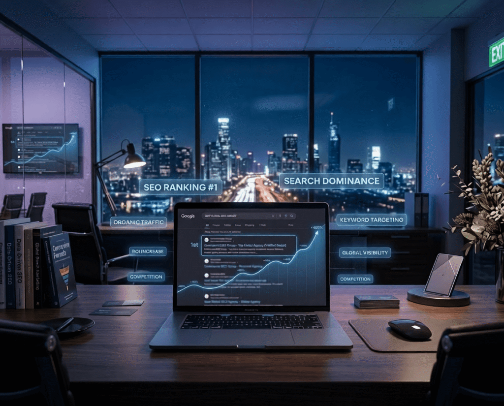 A laptop displays rising analytics in an office overlooking a city skyline at night. Keywords like "SEO Ranking #1" float above, suggesting digital success.