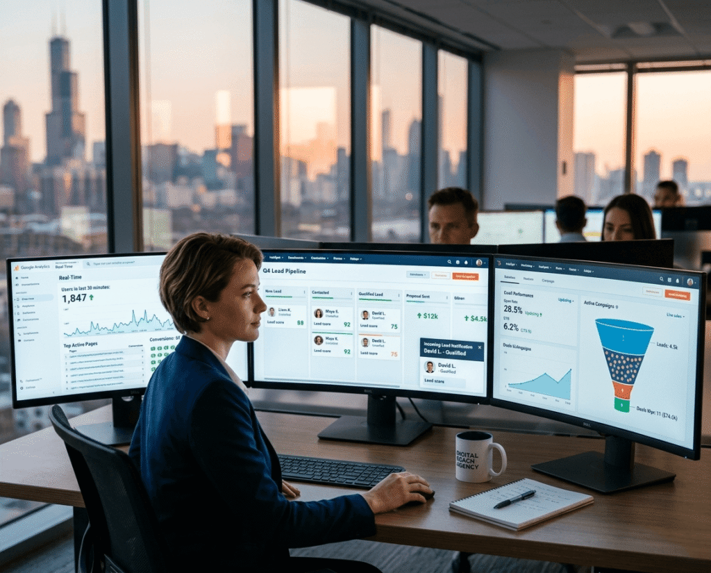 Workspace with large monitors displaying analytics data. A person in a suit is focused on screens. Office has a cityscape view at sunset, conveying productivity.