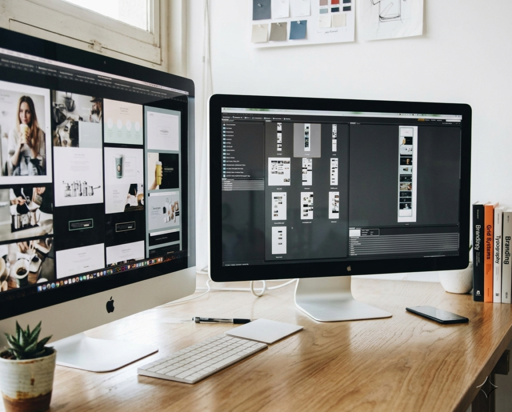 Two large computer monitors on a wooden desk display web design software and image editing tools. A keyboard, mouse, and small plant are also visible.